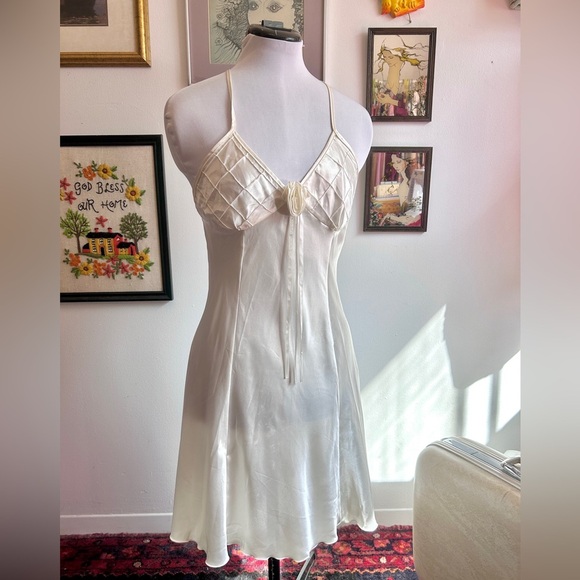 Vintage/Y2K Ivory Satin Slip Dress with Pintuck Bodice & Rosette Detail - Picture 1 of 5